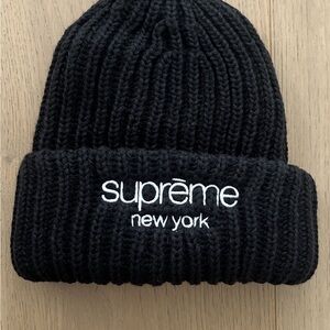 Supreme Black Ribbed Beanie with White Embroidery